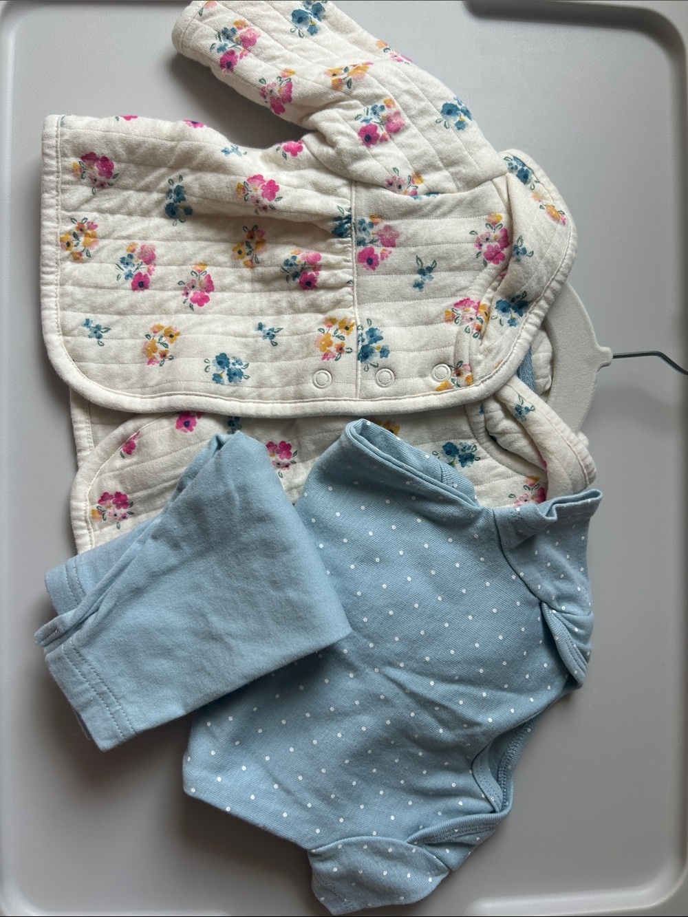 Carter's Cream Floral Quilted Jacket with Light Blue Polka Dot Bodysuit Set